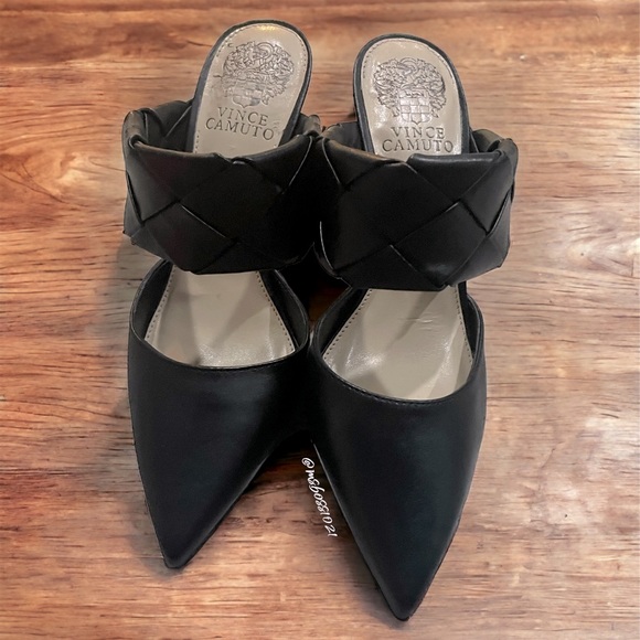 Vince Camuto Women’s Slide On Heel W/Woven Band Black Sz 7 - Picture 2 of 7